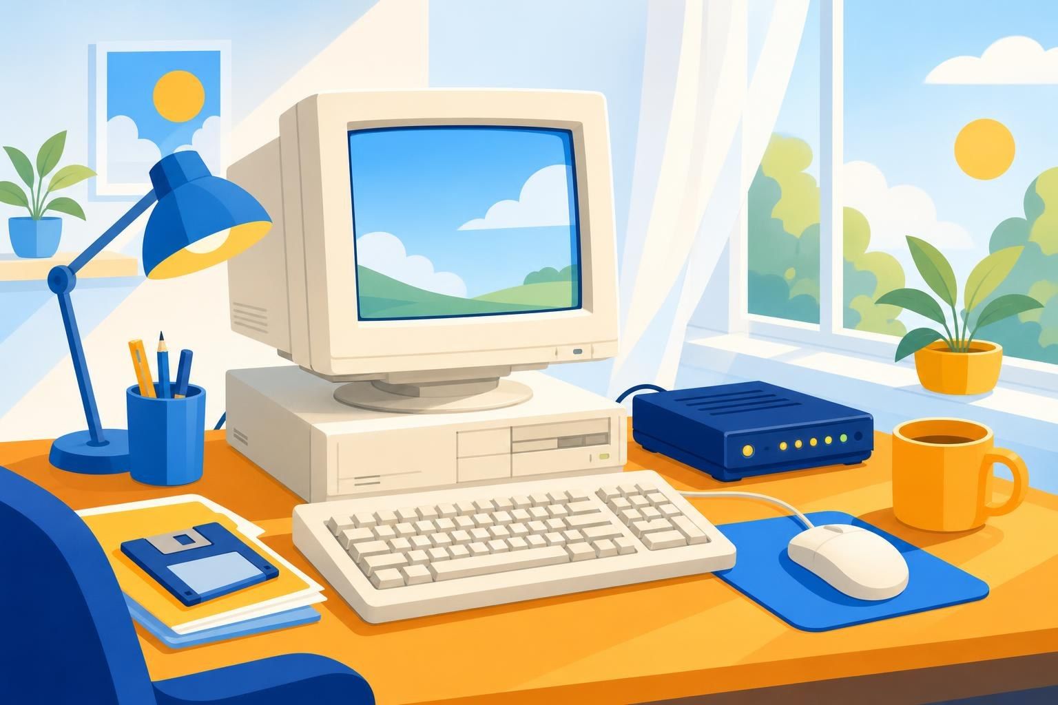 Escritorio de finales de los noventa con monitor de tubo, teclado, módem y disquetes a la luz de la tarde (imagen generada con AI)