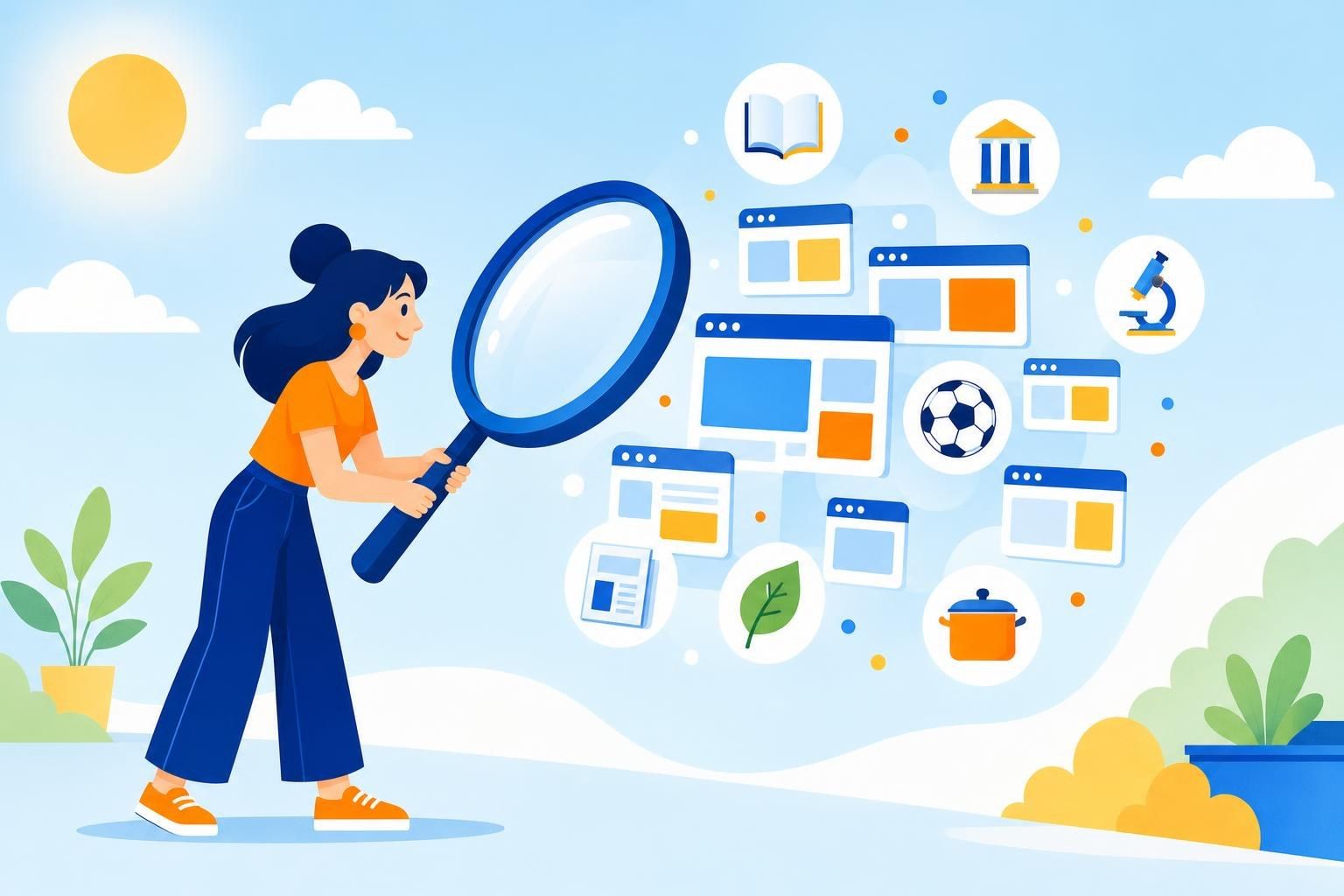 Una joven mira con una lupa gigante una nube de ventanas de páginas web e iconos de libros, museos, ciencia, deporte y cocina (imagen generada con AI)