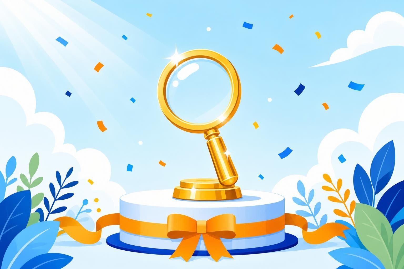 Trofeo dorado con forma de lupa sobre un podio con cinta y confeti (imagen generada con AI)